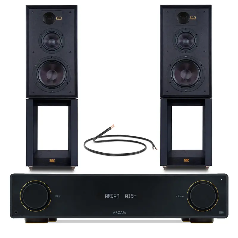 Arcam A15+ Amplifier + Wharfedale Linton Heritage Standmount Speakers With Stands (Black) 1