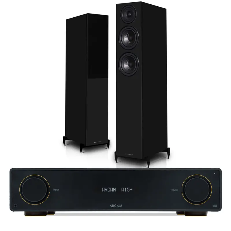 Arcam A15+ Integrated Amplifier + Wharfedale Diamond 12.4I Floorstanding Speakers – Black Bundle 1