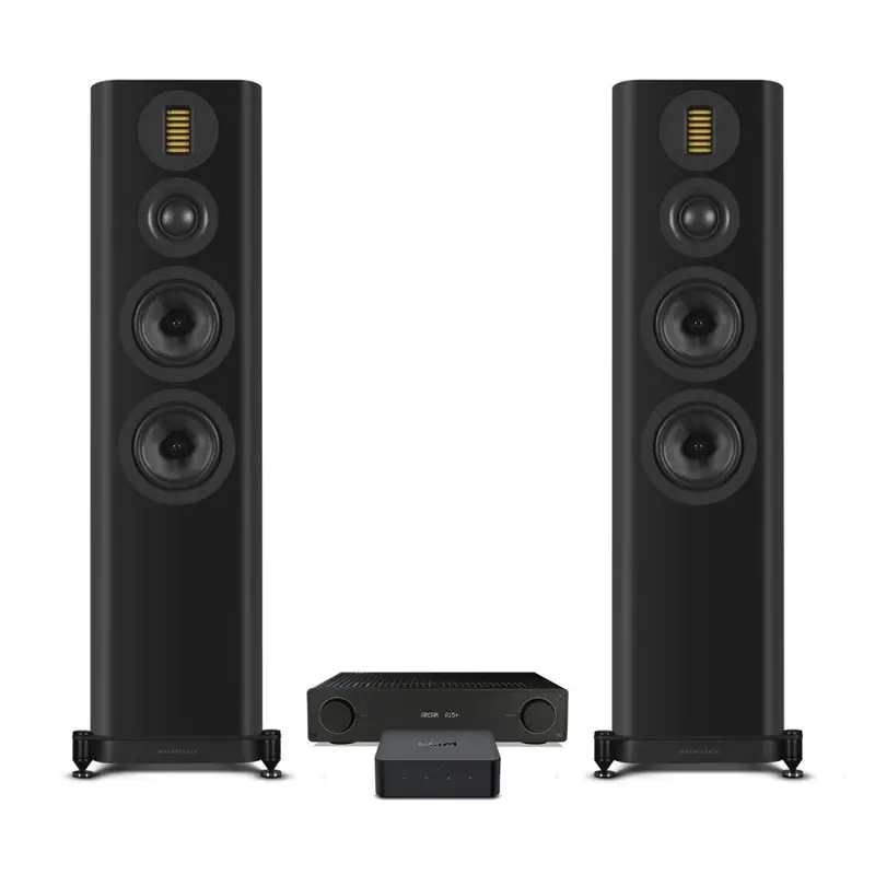 Arcam A15+ Integrated Amplifier + Wiim Pro Plus Streamer + Wharfedale Evo 5.4 Floorstanding Speakers – Black 1
