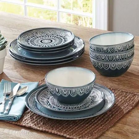 Better Homes & Gardens Teal Medallion 12-Piece Dinnerware Set – Stylish Ceramic Tableware 1