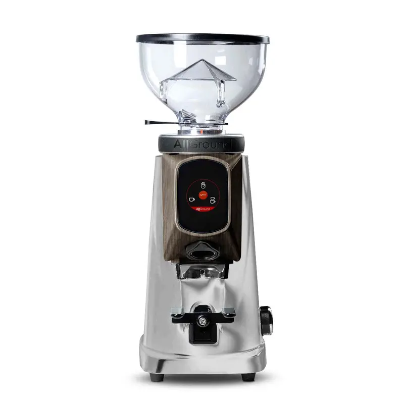 Fiorenzato Allground Home Espresso Grinder – Bright Silver Body With Dark Oak Accents 1