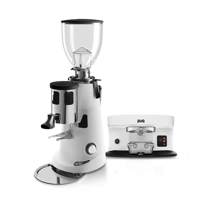 Fiorenzato F71 Ak Pro Grinder + Puqpress M4 Tamping Station Bundle – White/White 1