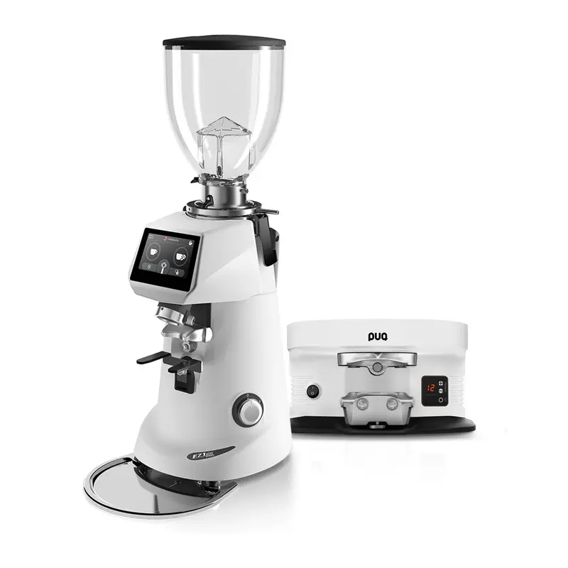 Fiorenzato F71 Ek Pro Grinder + Puqpress M4 Tamping Station Bundle – White/White 1