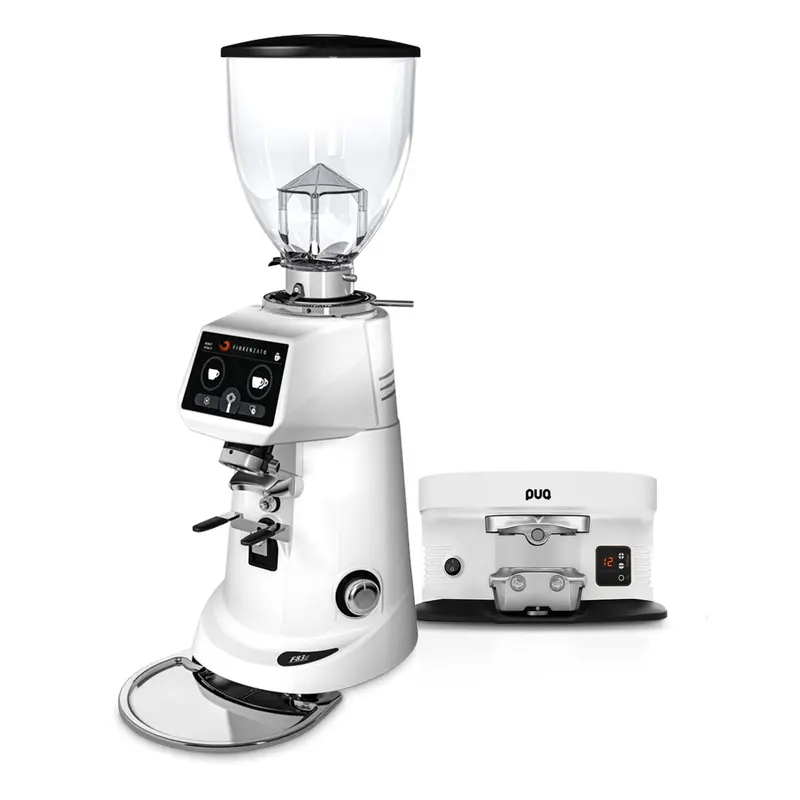 Fiorenzato F83 E Pro Grinder + Puqpress M4 Tamping Station Bundle – White/White 1