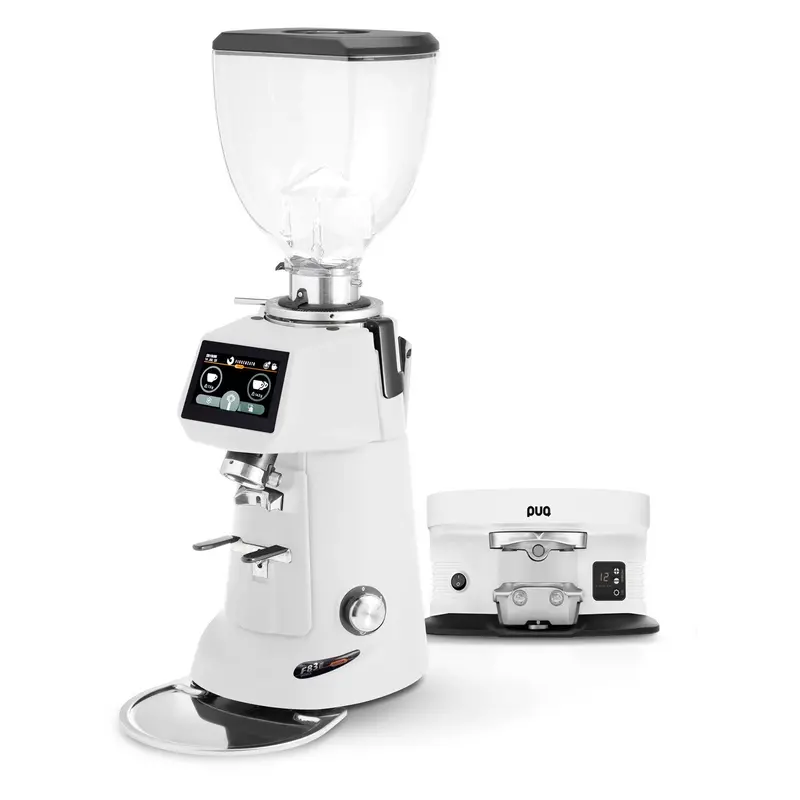 Fiorenzato F83 E Pro Sense Grinder + Puqpress M4 Tamping Station Bundle – White/White 1