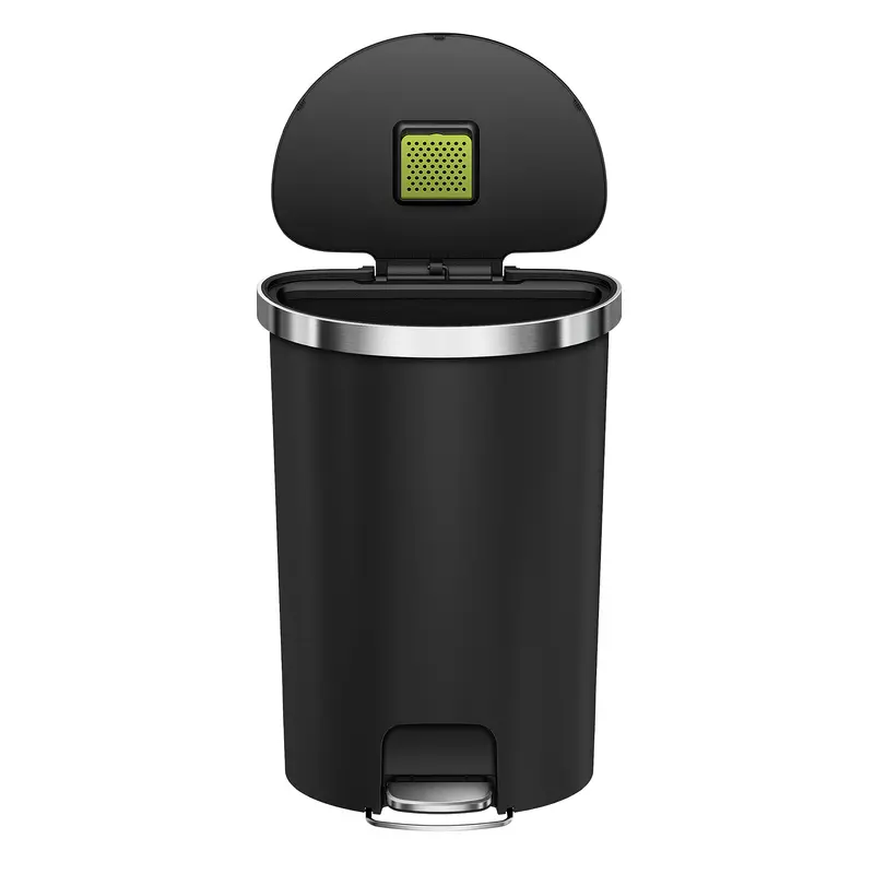 Hana Semi-Round 55L Black Resin Step Trash Can For Kitchens 1