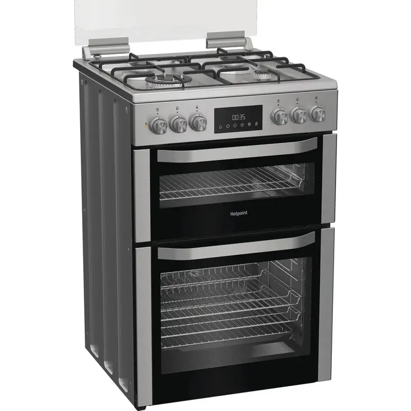 Hotpoint Hdd6Gdc2Wx 60Cm Dual Fuel Double Oven Cooker – Stainless Steel With Glass Lid 1