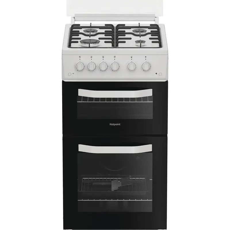 Hotpoint Htg5Gcwl 50Cm Gas Twin Oven Cooker – Glass Lid, White Finish 1