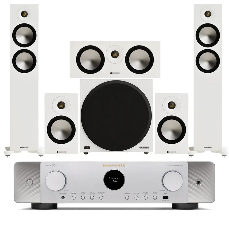 Marantz Cinema 70S Av Receiver (7.2-Ch) + Monitor Audio Bronze 300 7G 5.1 Speaker Package – Silver/White 1