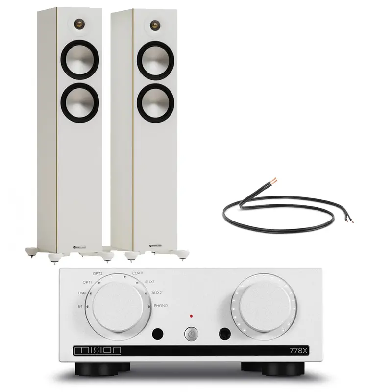 Mission 778X Amplifier Paired With Monitor Audio Bronze 300 7G Floorstanders – Silver + White 1