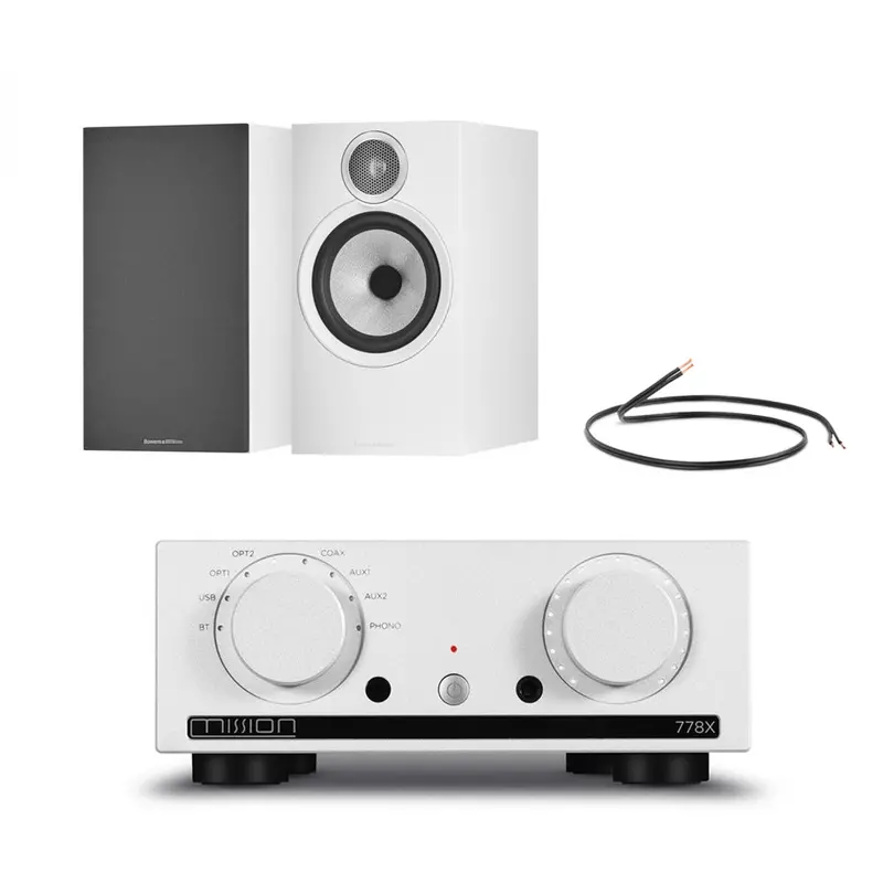 Mission 778X Integrated Amplifier + Bowers & Wilkins 606 S3 Standmount Speakers – Silver/White 1