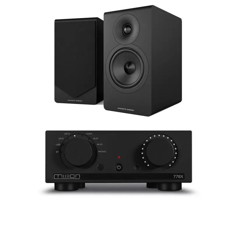 Mission 778X Integrated Amplifier Paired With Acoustic Energy Ae300 Mk2 Bookshelf Speakers – Premium Black Audio Setup 1