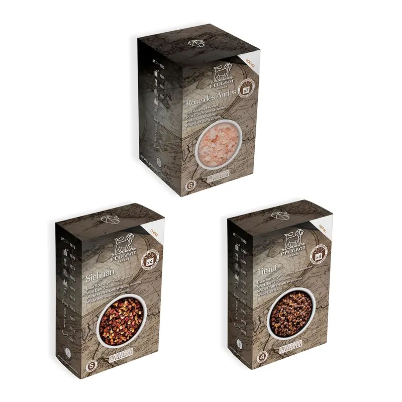 Peugeot Gourmet Spice Collection – Timut Pepper, Sichuan Peppercorns & Pink Bolivian Salt (15 Sachets) 1