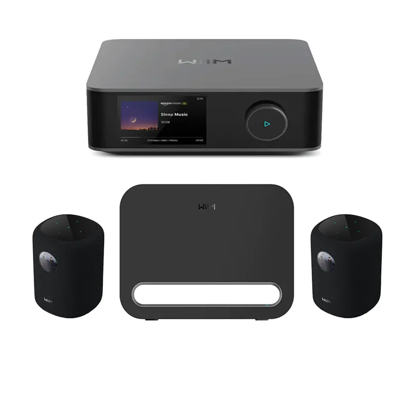 Wiim Amp Ultra Streaming Amplifier (Space Grey) + Multiroom Speaker Pair & Sub Pro Subwoofer – Black Hi-Fi Bundle 1
