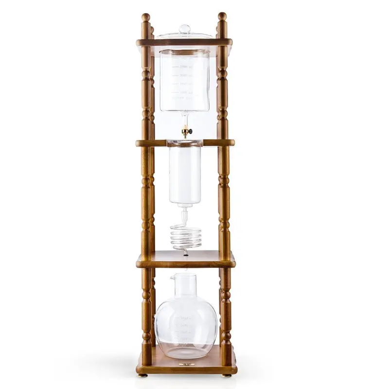 Yama Glass 100 Oz Curved Brown Wood-Framed Cold Brew Tower (25 Cup) 1
