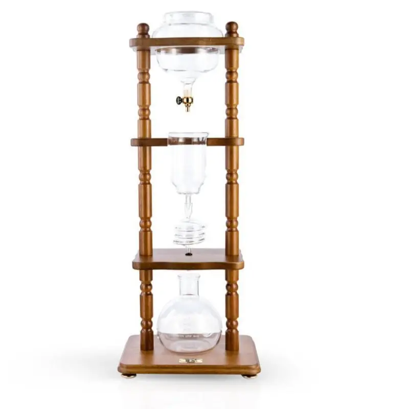 Yama Glass Curved Brown Wood-Frame Cold Brew Tower – 6–8 Cup (32 Oz) 1